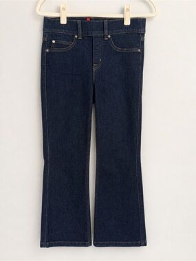 SPANX Raw Indigo Flare Jeans Small Petite S/P Dark Wash Stretch Denim Pull On